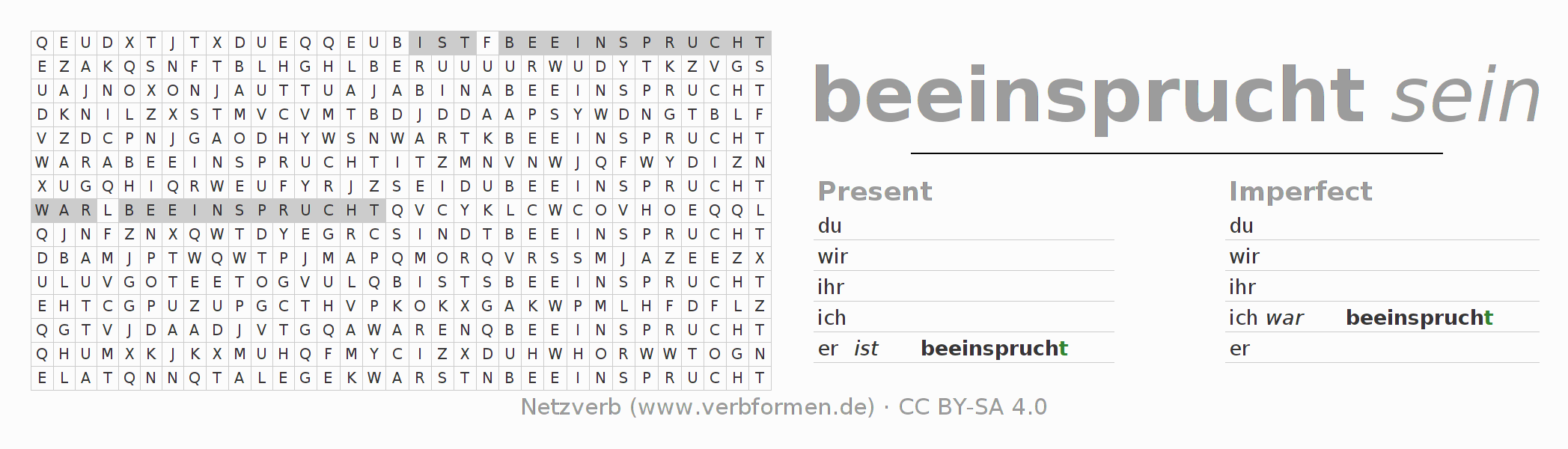 Word search puzzle for conjugation of German verb beeinspruchen