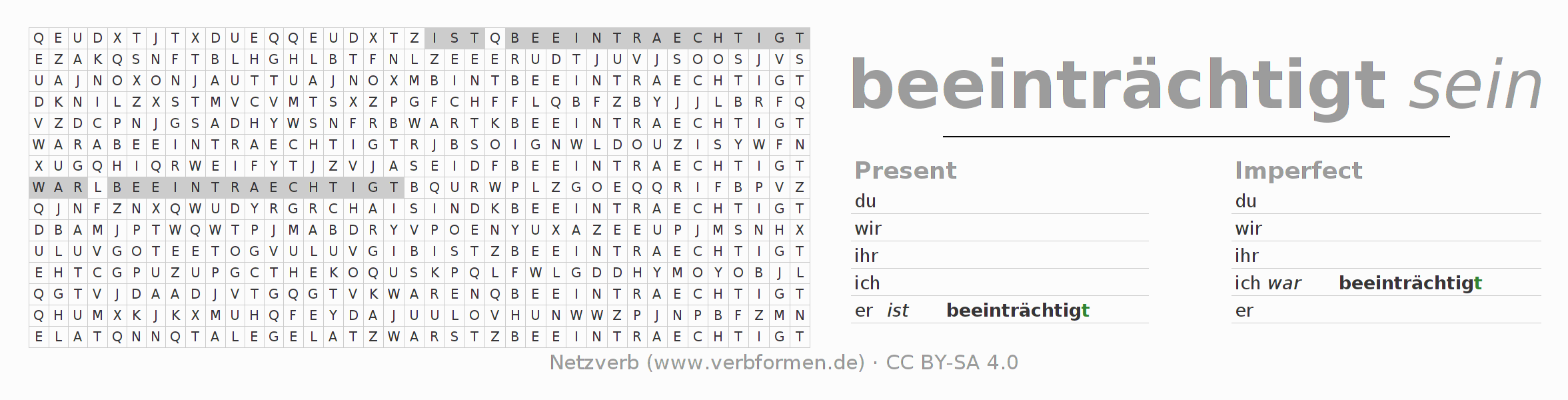 Word search puzzle for conjugation of German verb beeinträchtigen