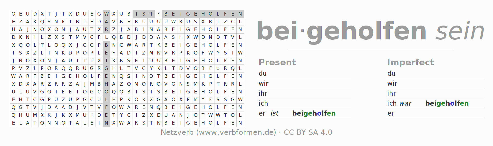 Word search puzzle for conjugation of German verb beihelfen