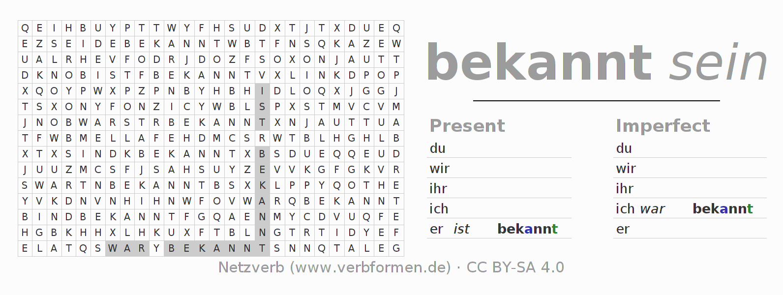 Word search puzzle for conjugation of German verb bekennen