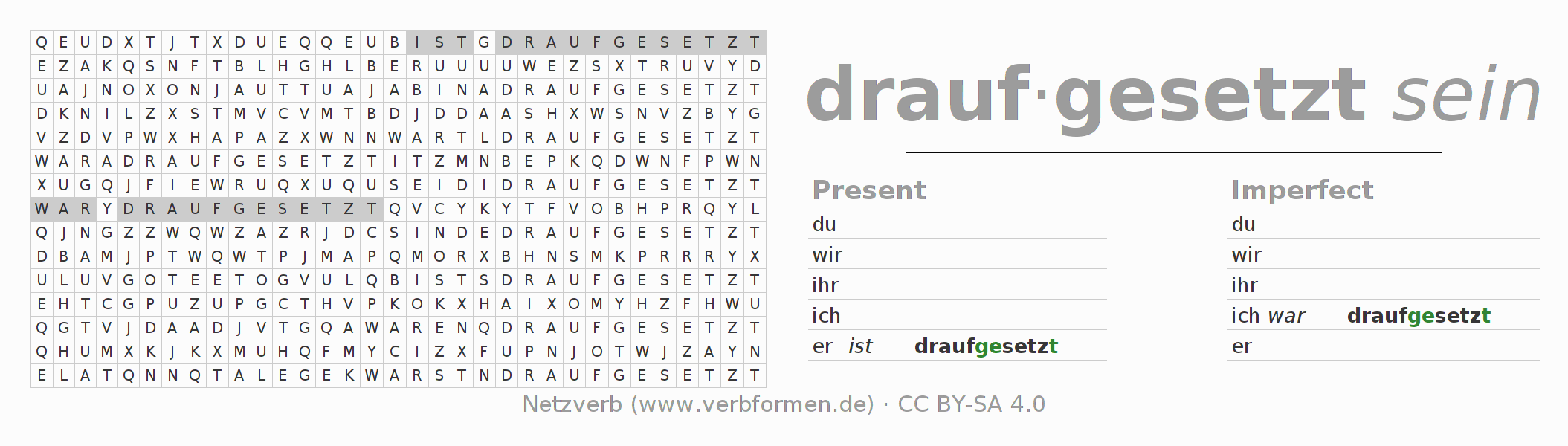Word search puzzle for conjugation of German verb draufsetzen