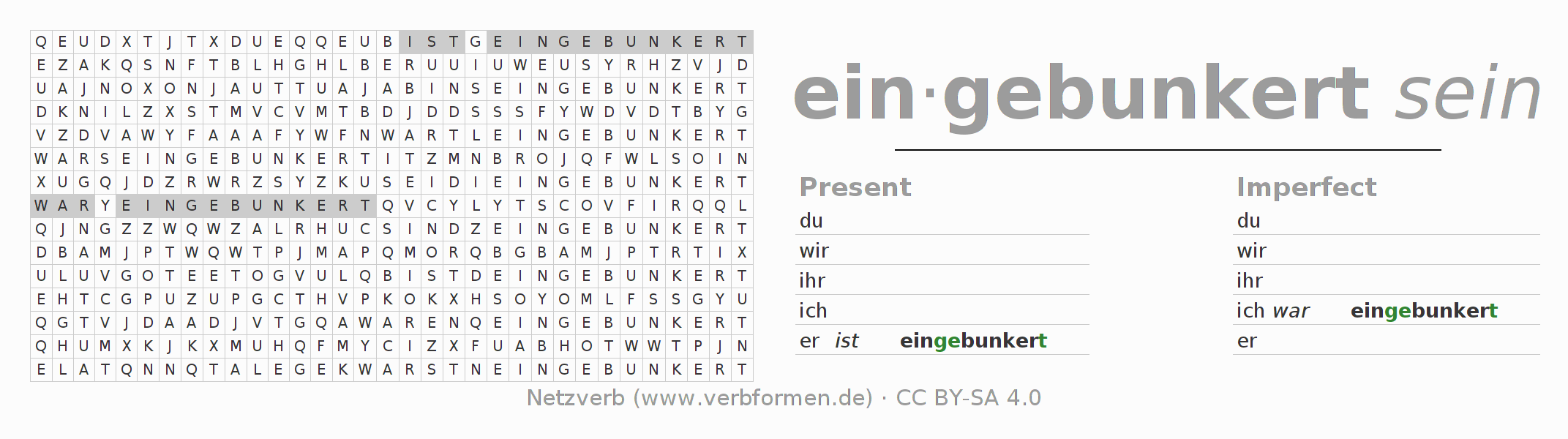 Word search puzzle for conjugation of German verb einbunkern