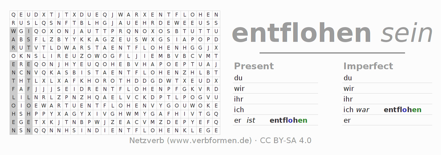 Word search puzzle for conjugation of German verb entfliehen