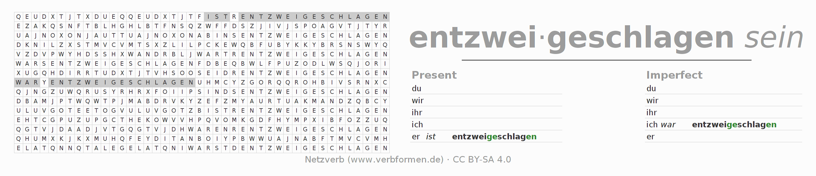 Word search puzzle for conjugation of German verb entzweischlagen