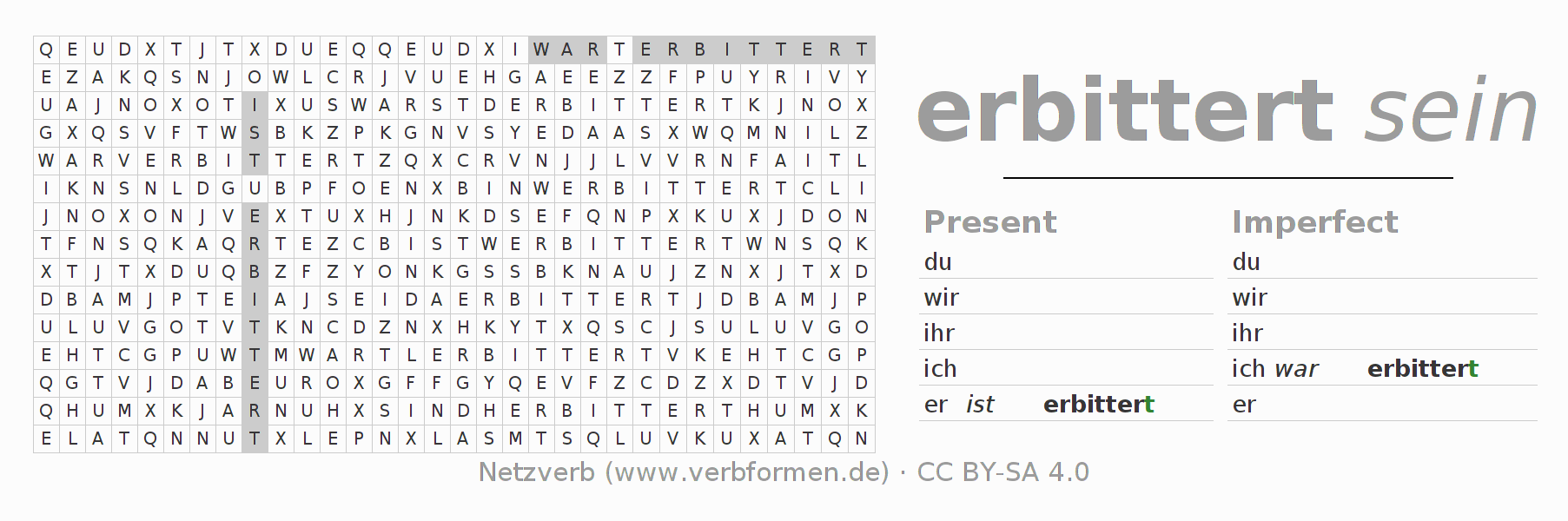 Word search puzzle for conjugation of German verb erbittern