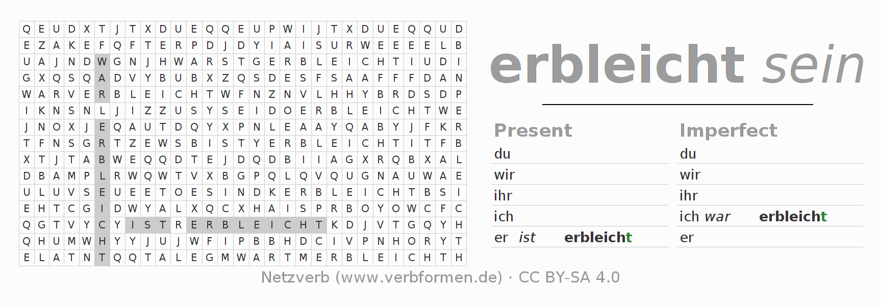 Word search puzzle for conjugation of German verb erbleichen (regelm)