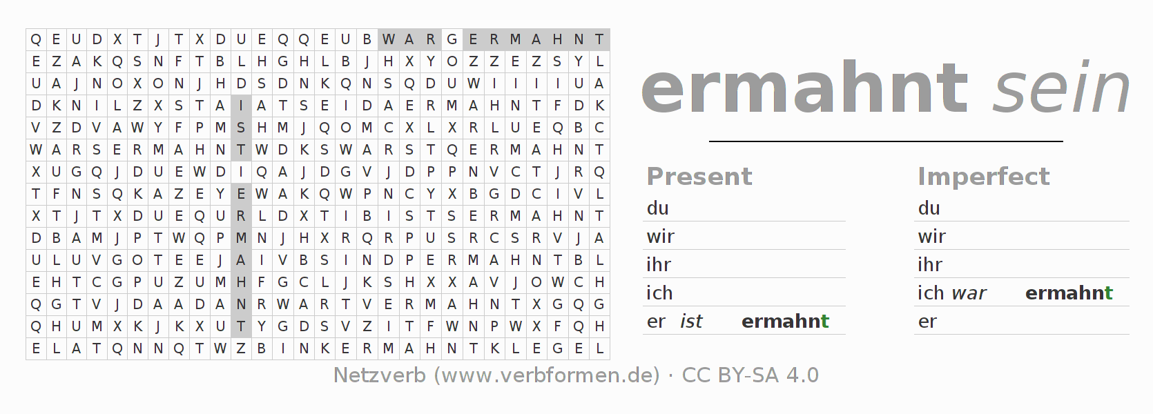 Word search puzzle for conjugation of German verb ermahnen