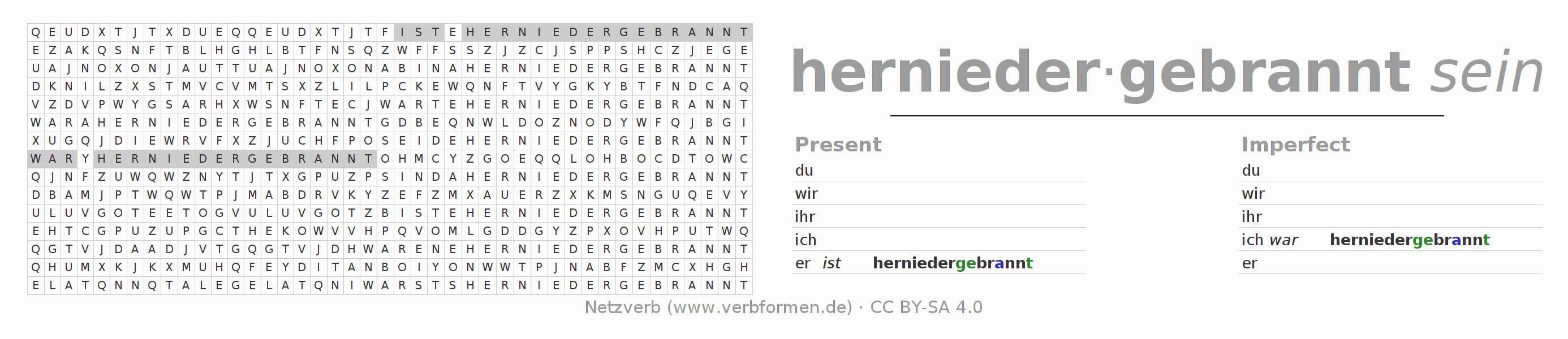 Word search puzzle for conjugation of German verb herniederbrennen
