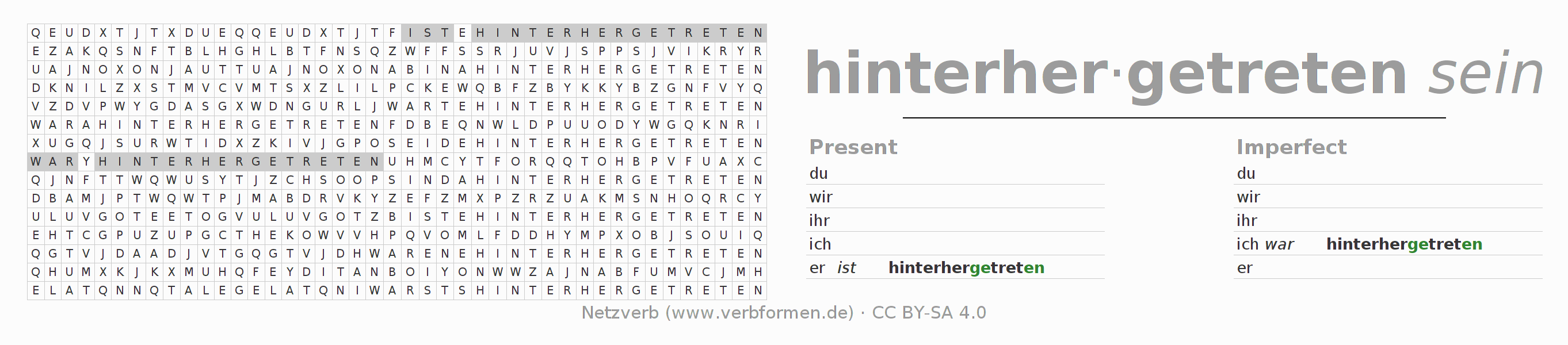 Word search puzzle for conjugation of German verb hinterhertreten (hat)