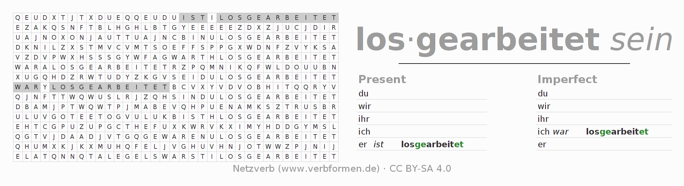 Word search puzzle for conjugation of German verb losarbeiten
