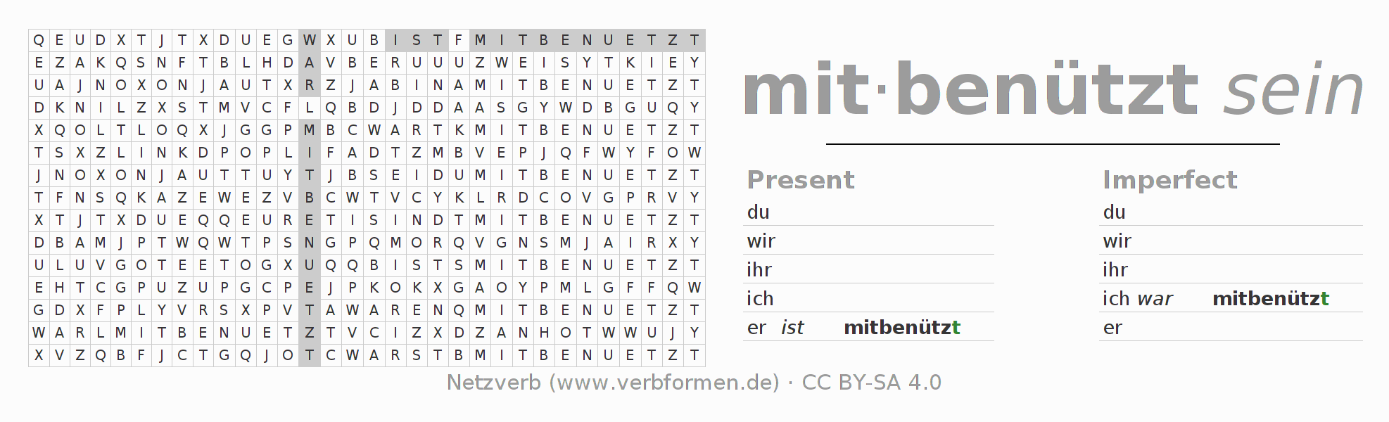 Word search puzzle for conjugation of German verb mitbenützen