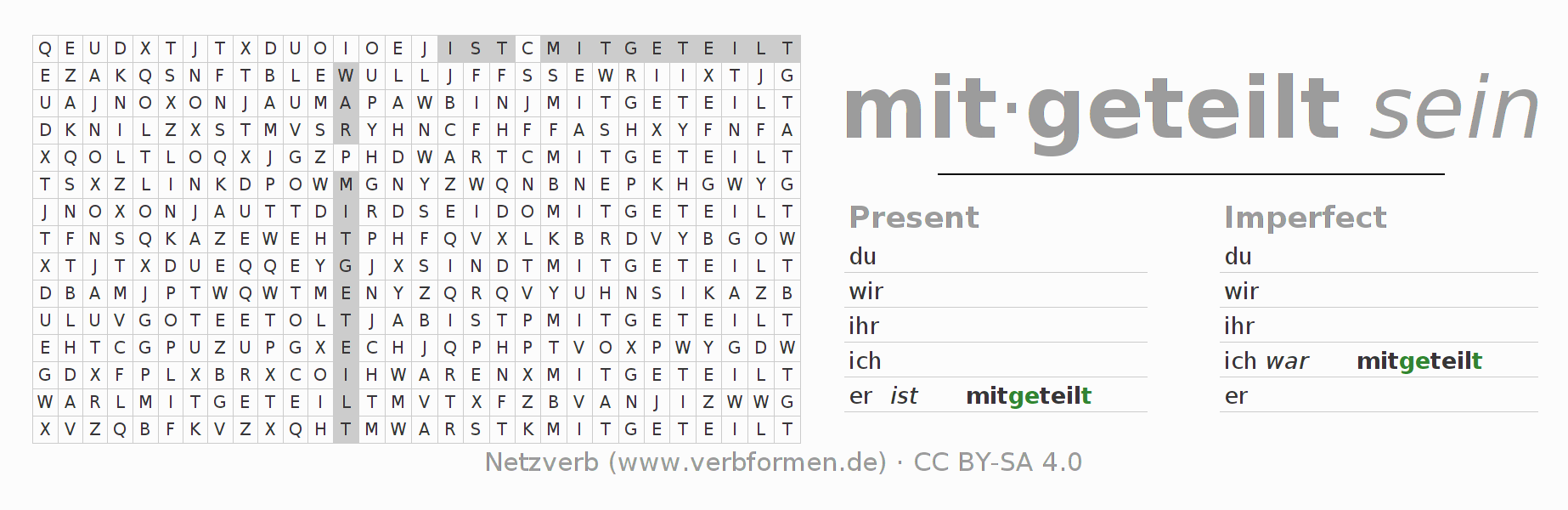 Word search puzzle for conjugation of German verb mitteilen