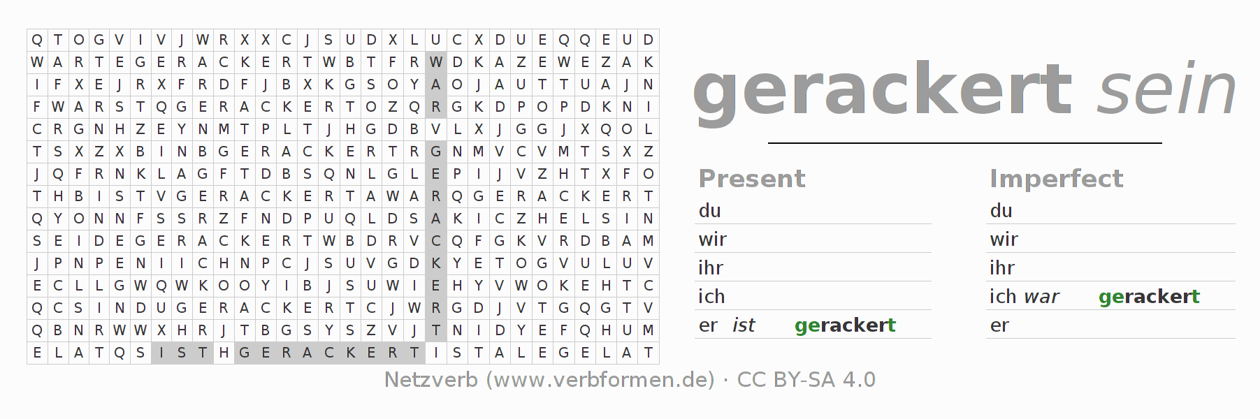 Word search puzzle for conjugation of German verb rackern