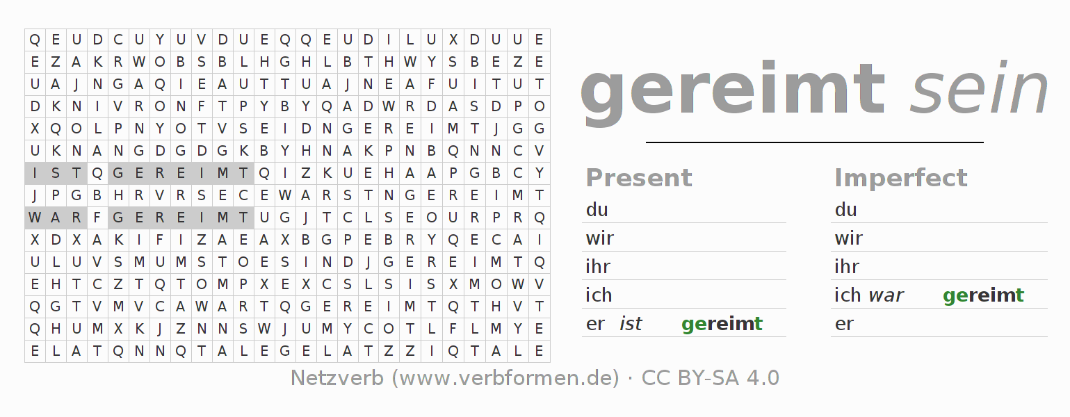 Word search puzzle for conjugation of German verb reimen