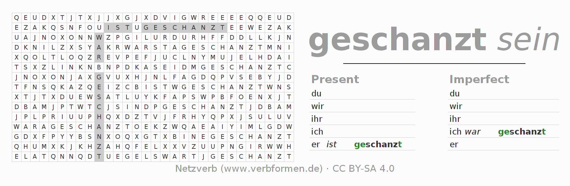 Word search puzzle for conjugation of German verb schanzen