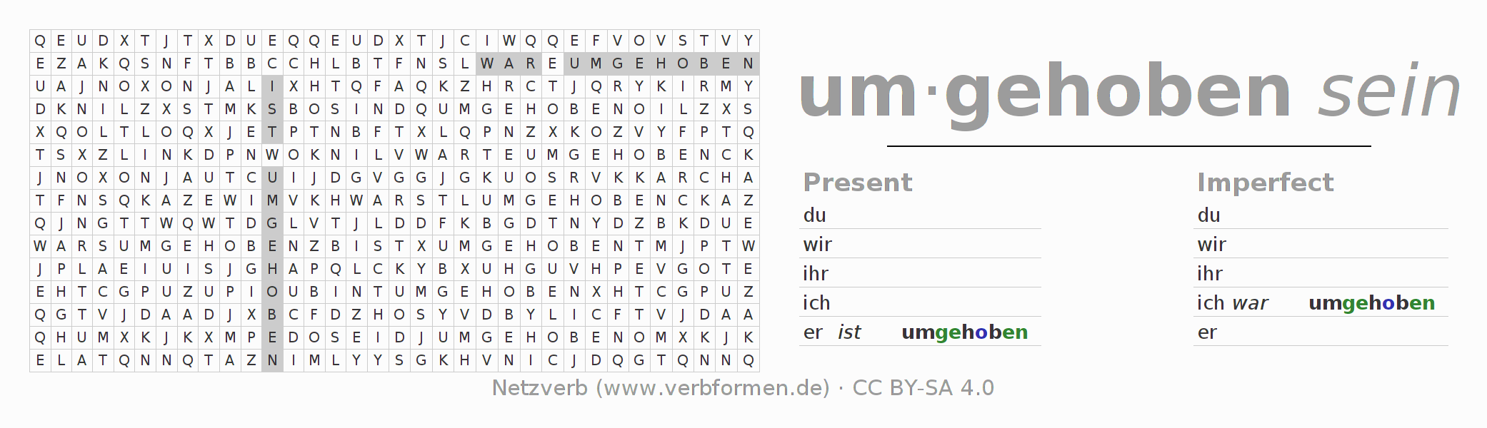Word search puzzle for conjugation of German verb umheben