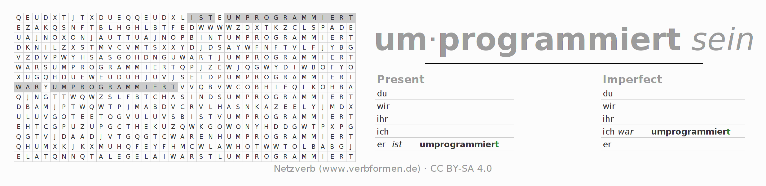 Word search puzzle for conjugation of German verb umprogrammieren