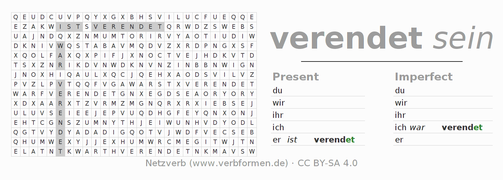 Word search puzzle for conjugation of German verb verenden