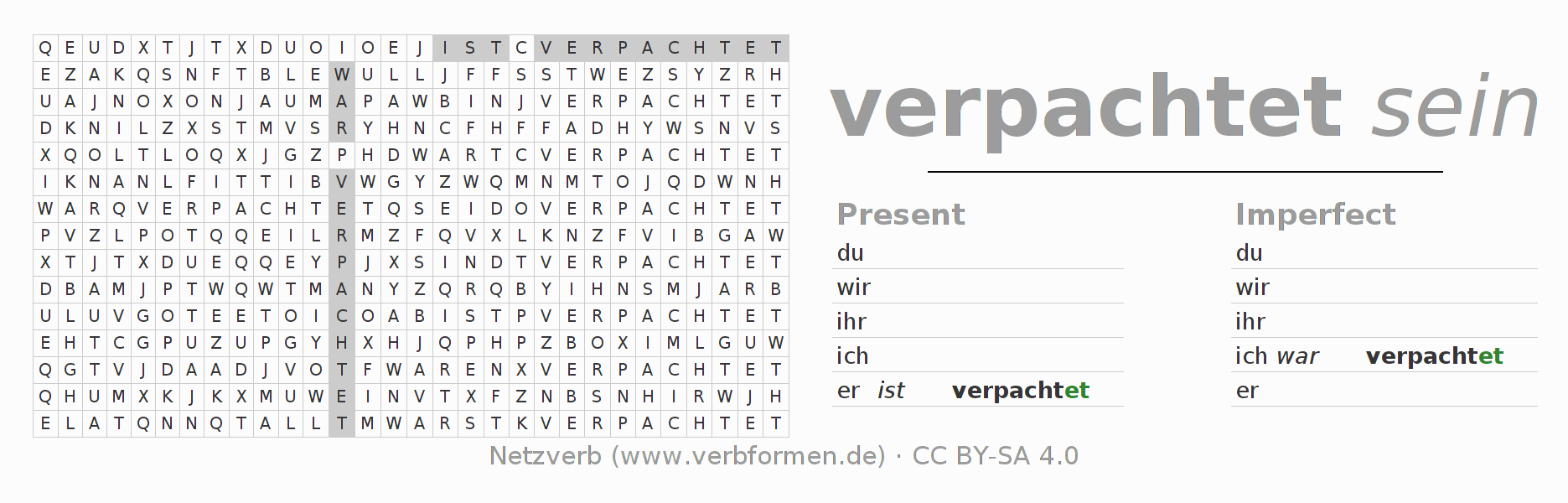 Word search puzzle for conjugation of German verb verpachten