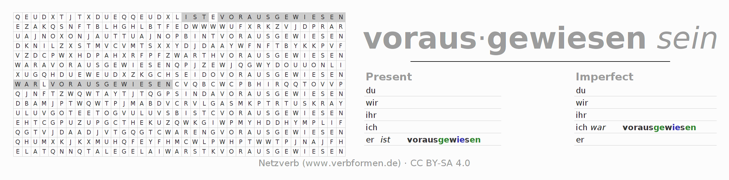 Word search puzzle for conjugation of German verb vorausweisen