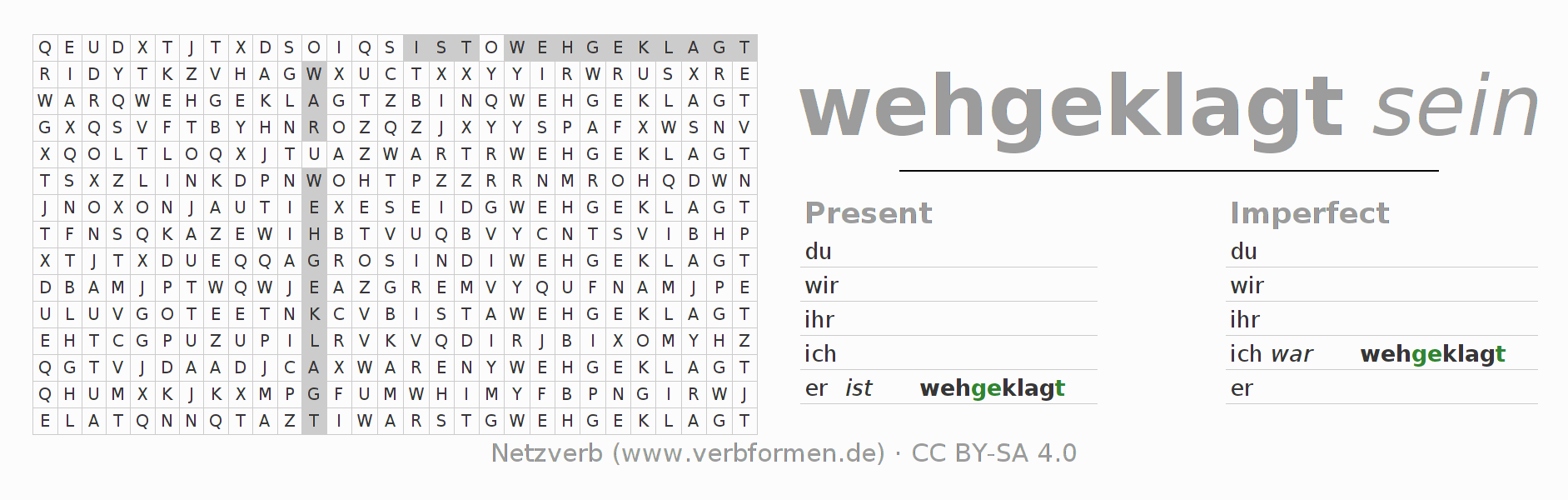 Word search puzzle for conjugation of German verb wehklagen