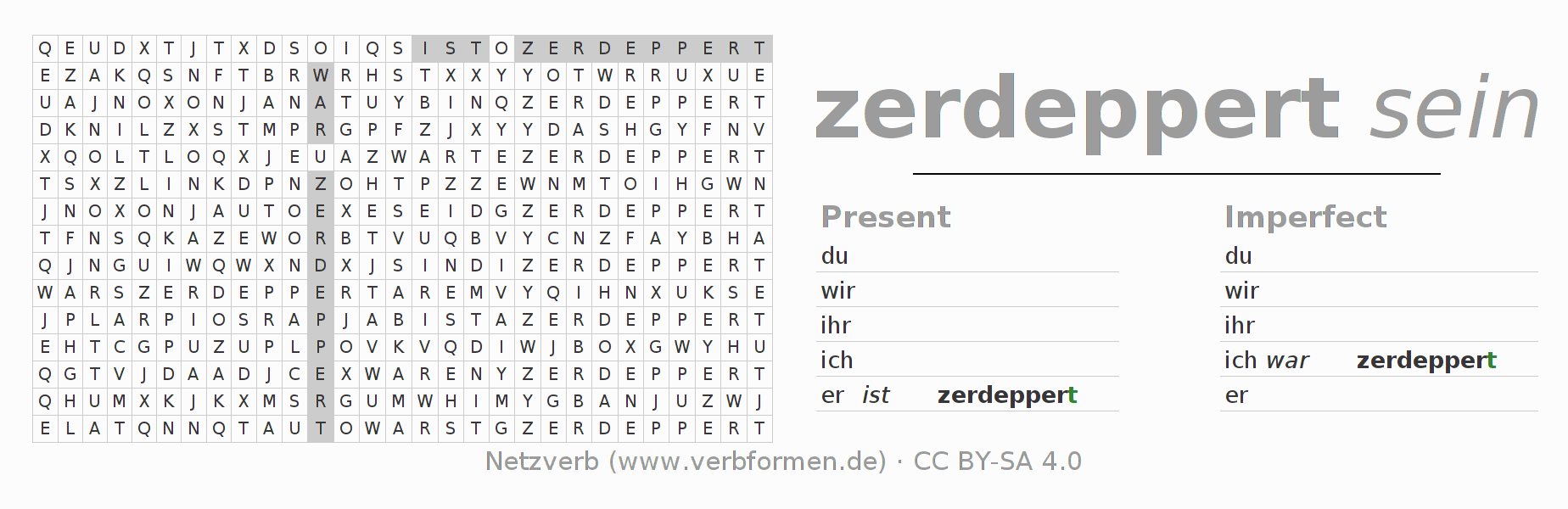 Word search puzzle for conjugation of German verb zerdeppern