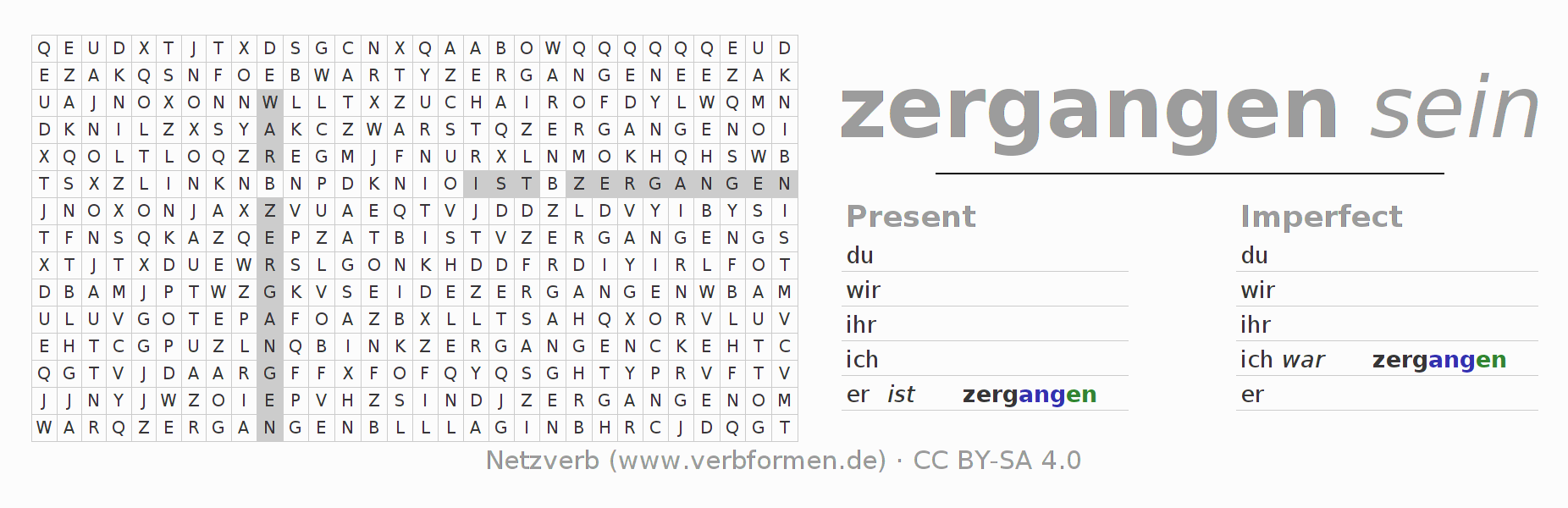Word search puzzle for conjugation of German verb zergehen