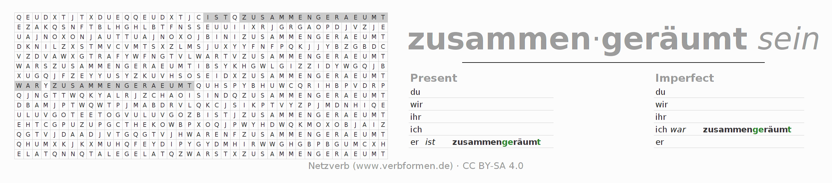 Word search puzzle for conjugation of German verb zusammenräumen