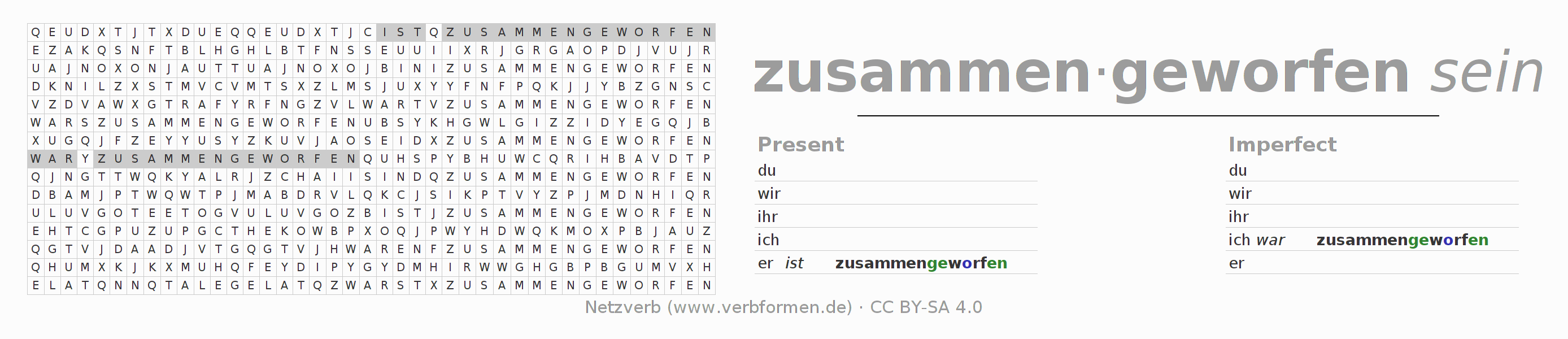 Word search puzzle for conjugation of German verb zusammenwerfen
