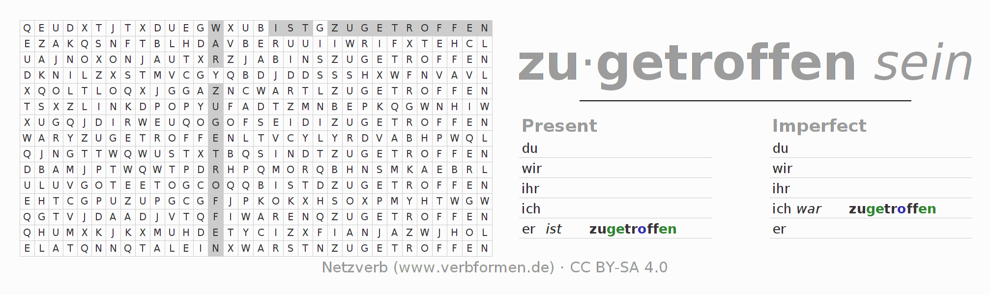 Word search puzzle for conjugation of German verb zutreffen