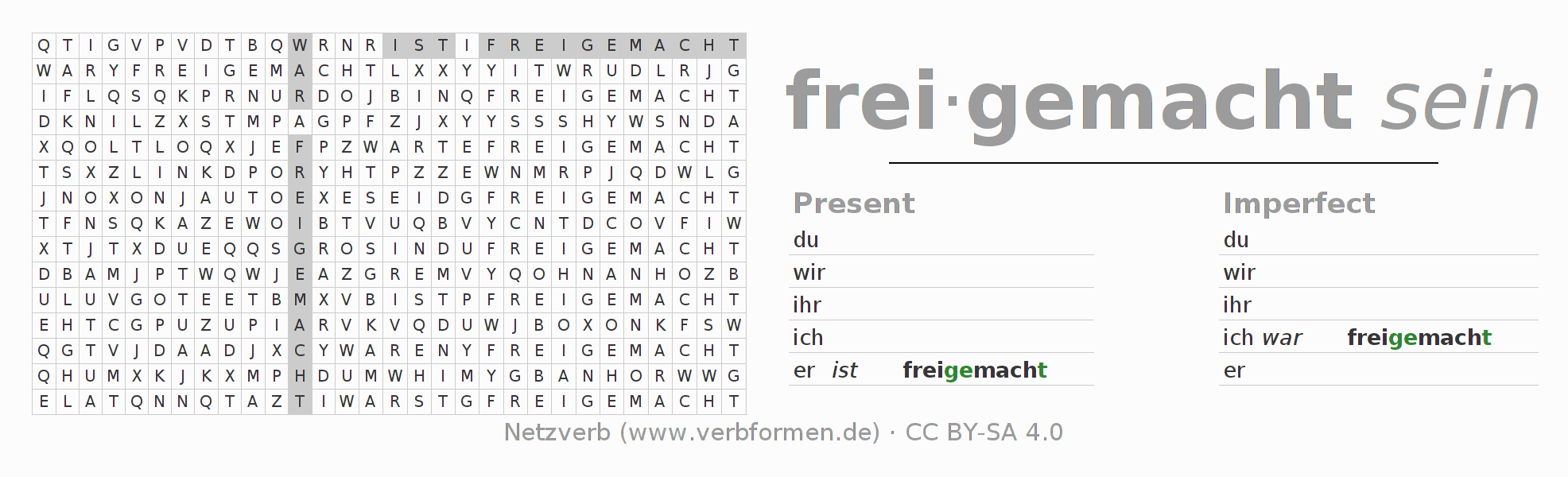 Word search puzzle for conjugation of German verb freimachen
