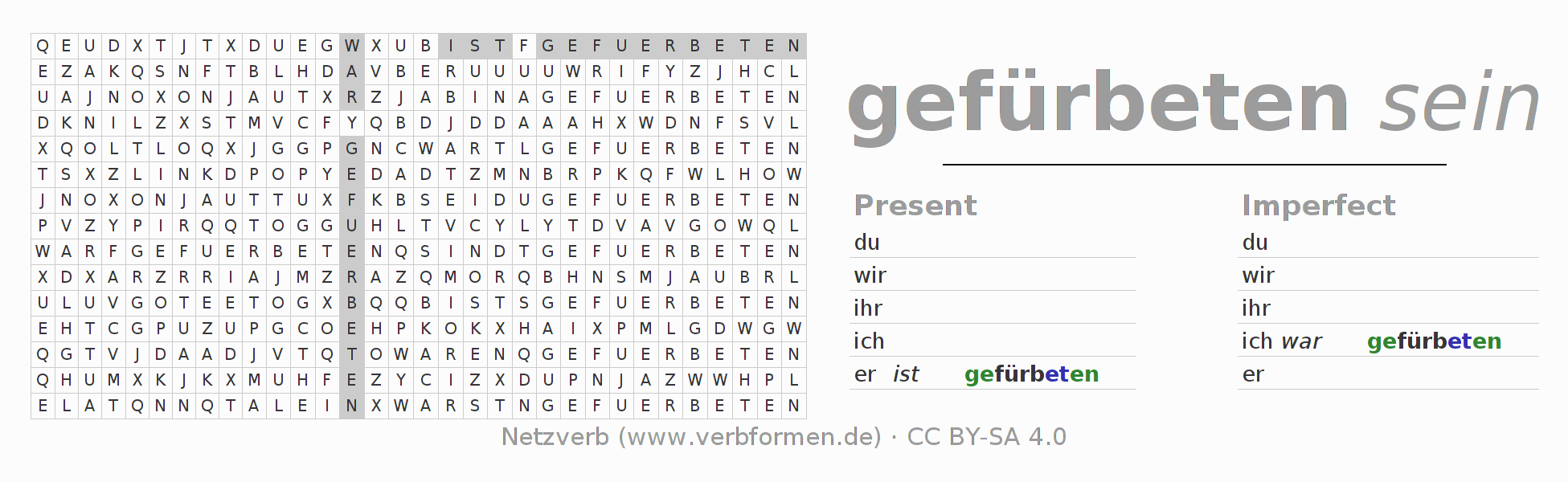 Word search puzzle for conjugation of German verb fürbitten