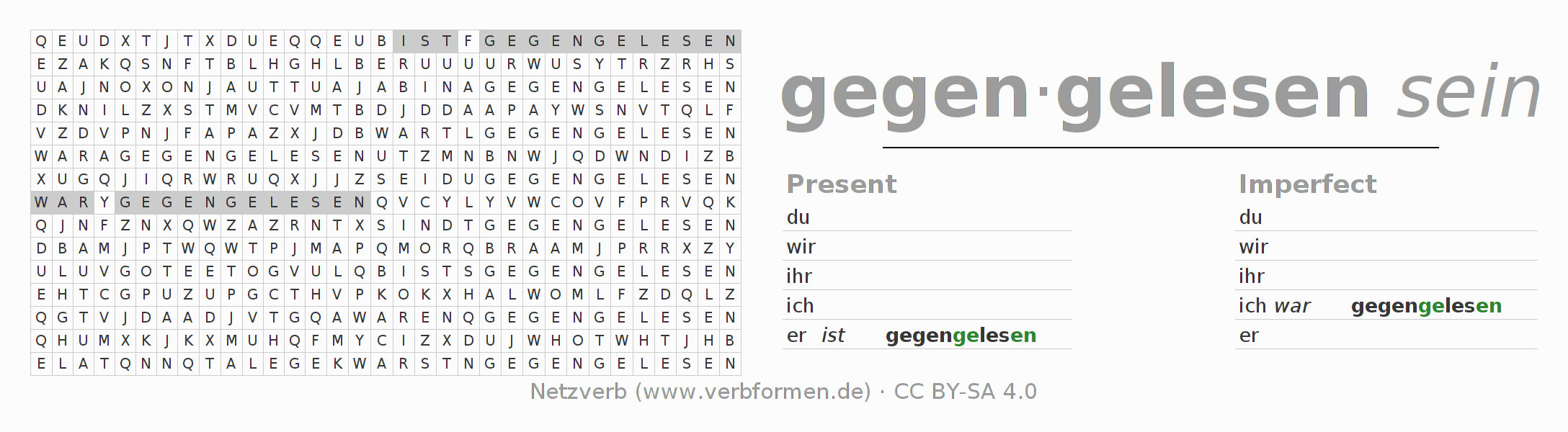 Word search puzzle for conjugation of German verb gegenlesen