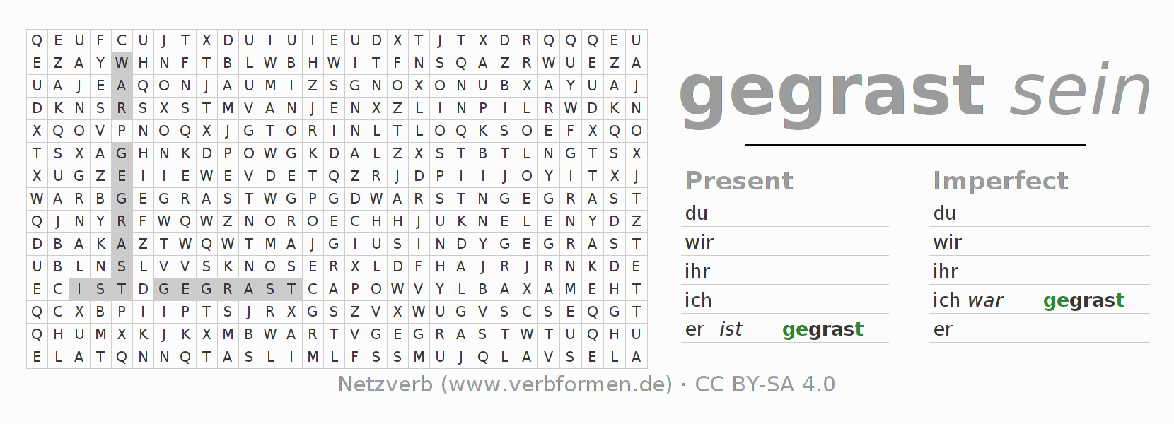 Word search puzzle for conjugation of German verb grasen