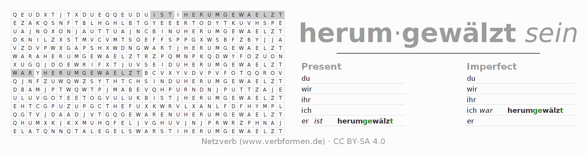 Word search puzzle for conjugation of German verb herumwälzen