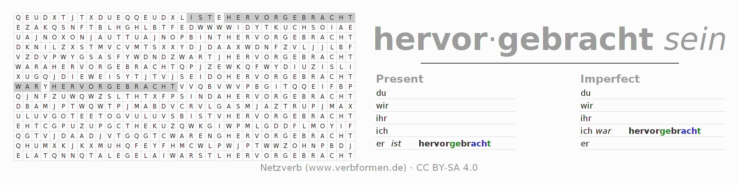 Word search puzzle for conjugation of German verb hervorbringen