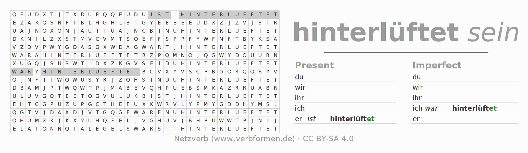 Word search puzzle for conjugation of German verb hinterlüften