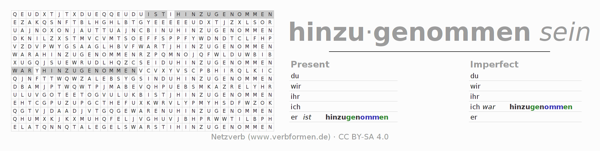 Word search puzzle for conjugation of German verb hinzunehmen