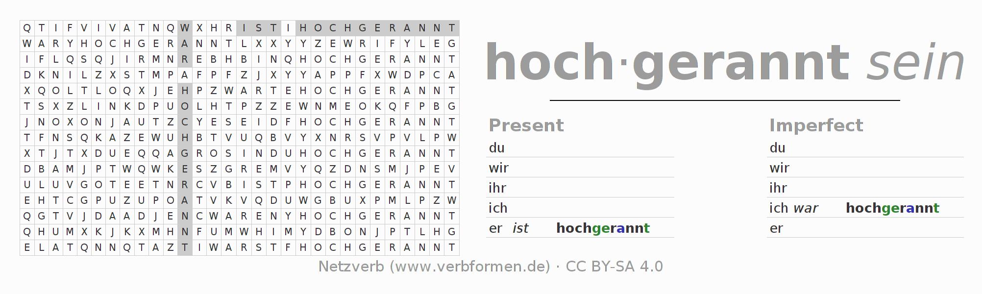 Word search puzzle for conjugation of German verb hochrennen
