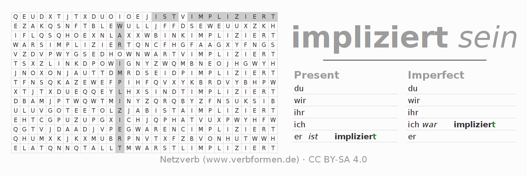 Word search puzzle for conjugation of German verb implizieren