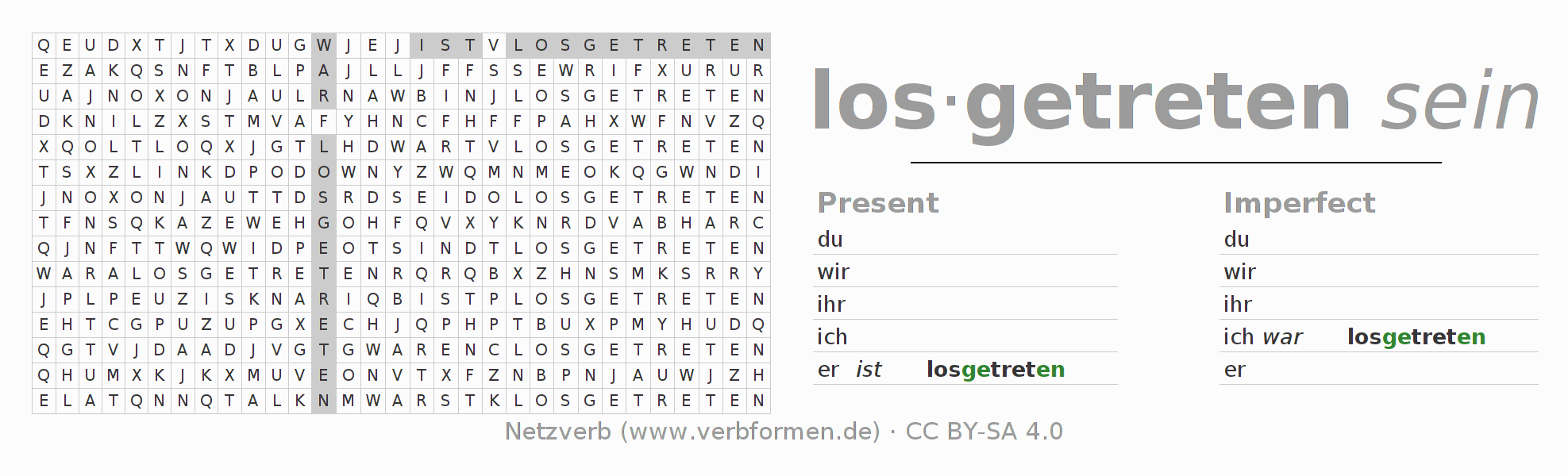 Word search puzzle for conjugation of German verb lostreten