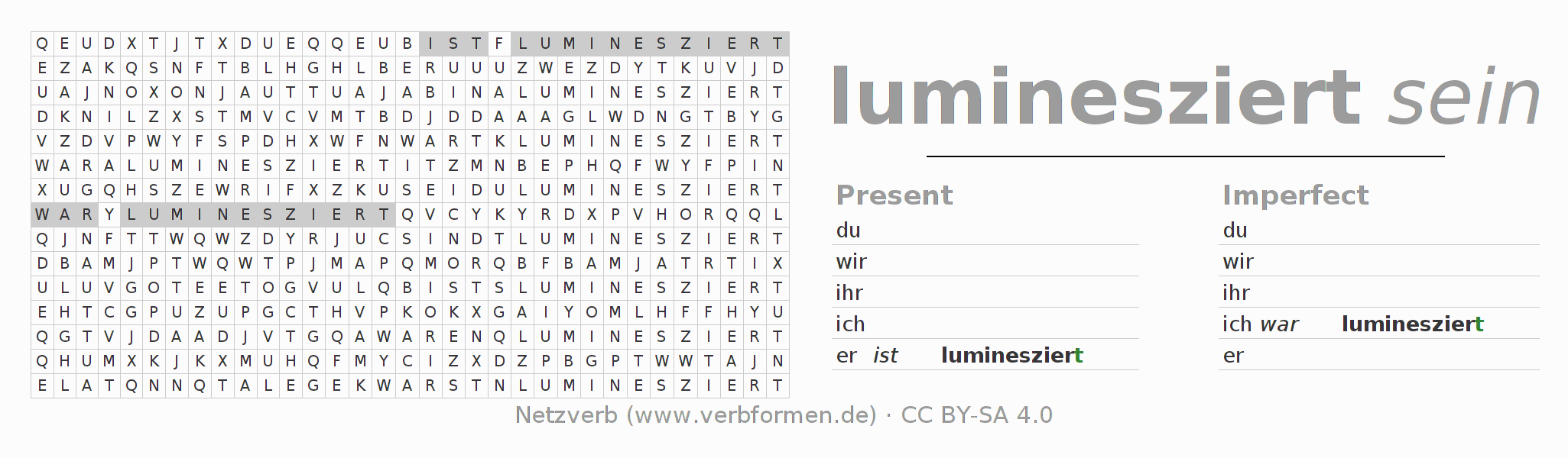 Word search puzzle for conjugation of German verb lumineszieren