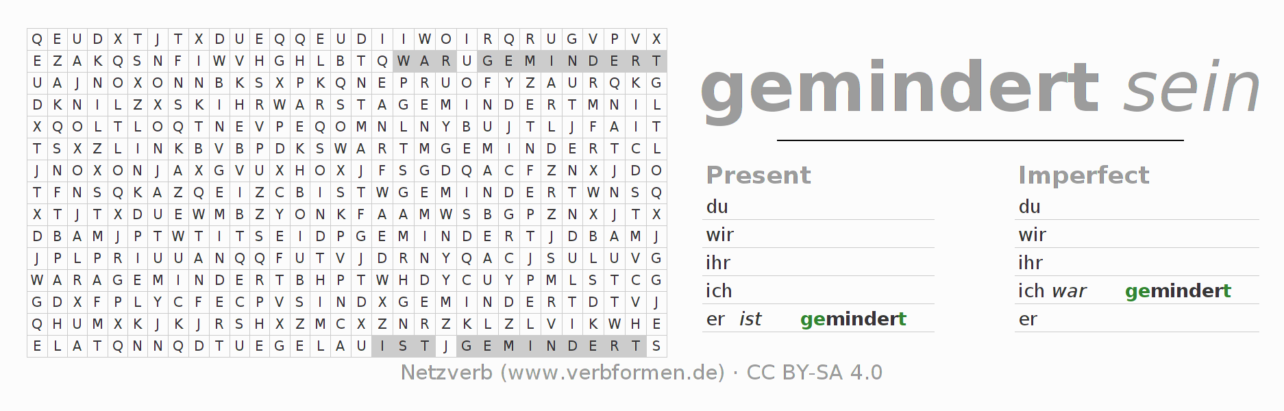 Word search puzzle for conjugation of German verb mindern