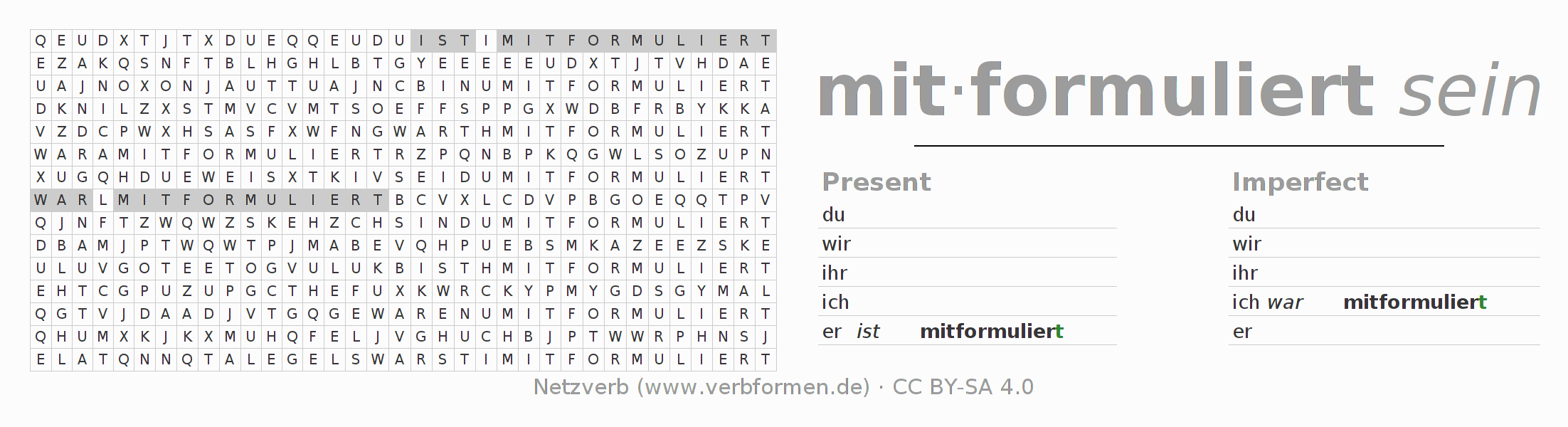 Word search puzzle for conjugation of German verb mitformulieren