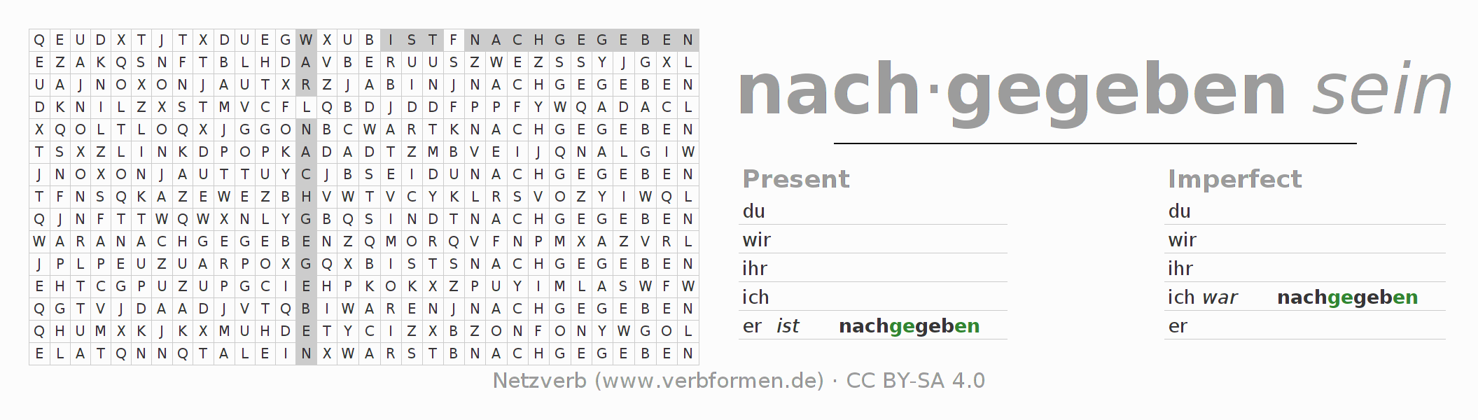 Word search puzzle for conjugation of German verb nachgeben
