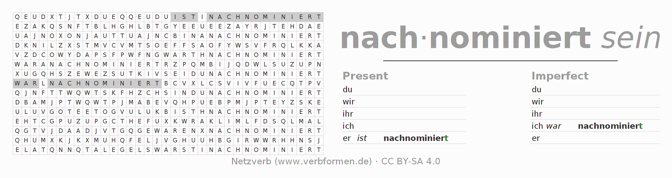 Word search puzzle for conjugation of German verb nachnominieren