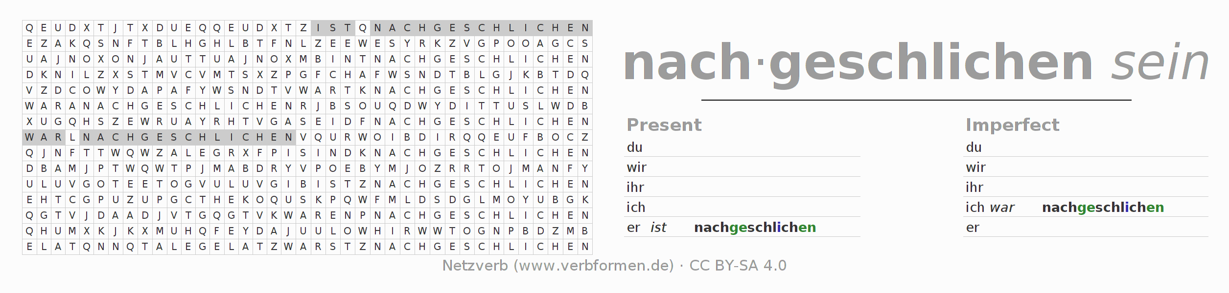Word search puzzle for conjugation of German verb nachschleichen
