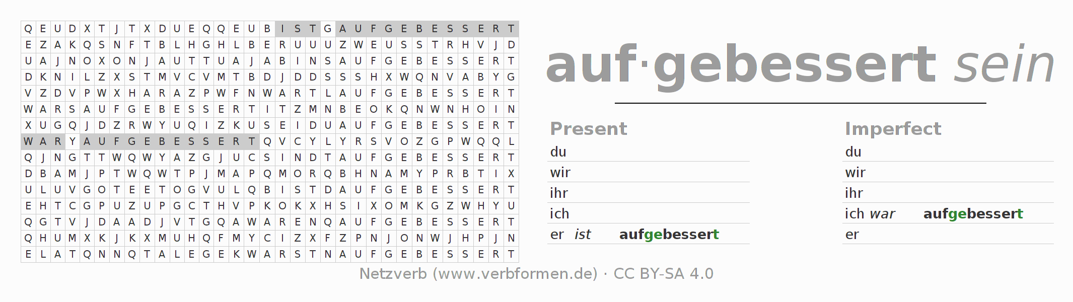 Word search puzzle for conjugation of German verb aufbessern