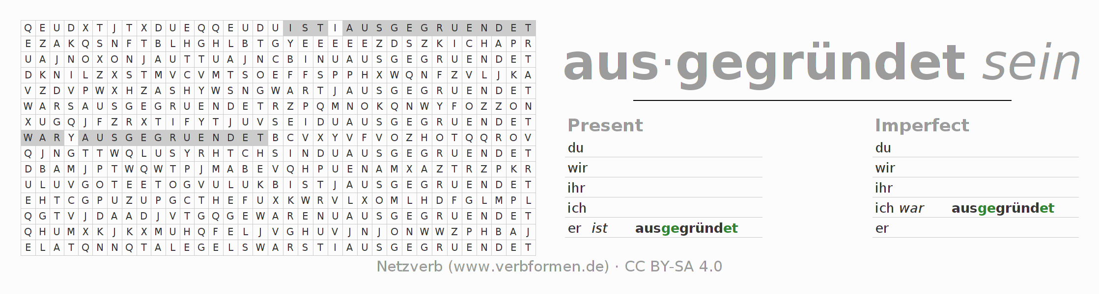 Word search puzzle for conjugation of German verb ausgründen