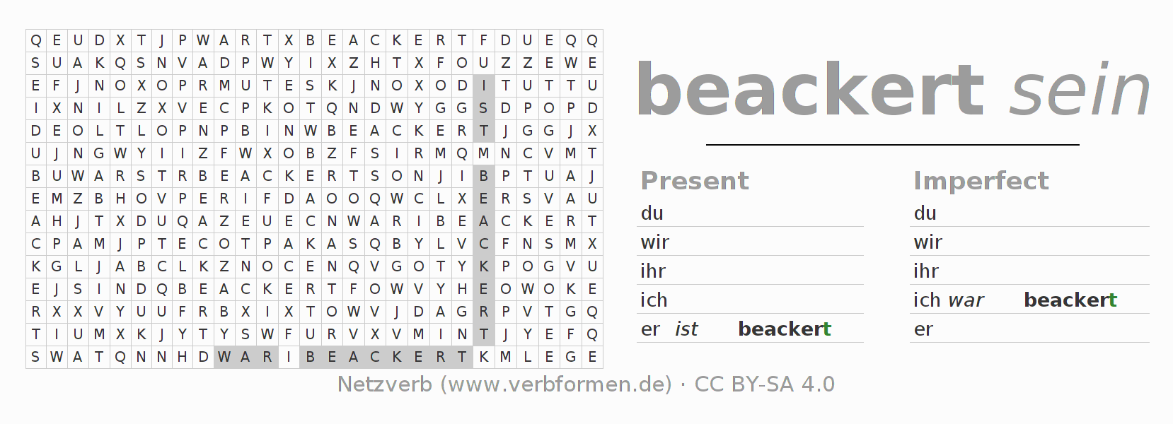 Word search puzzle for conjugation of German verb beackern
